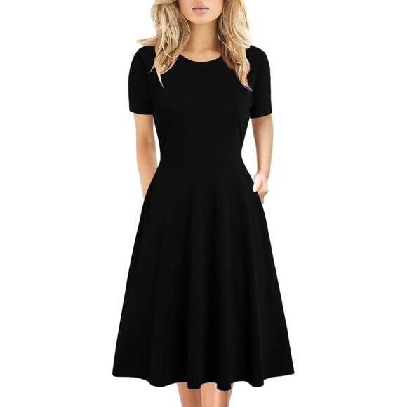 Dresses & Skirts - Women's Black Solid Elegant Knee Length Vintage A-Line Swing Dress with Pockets